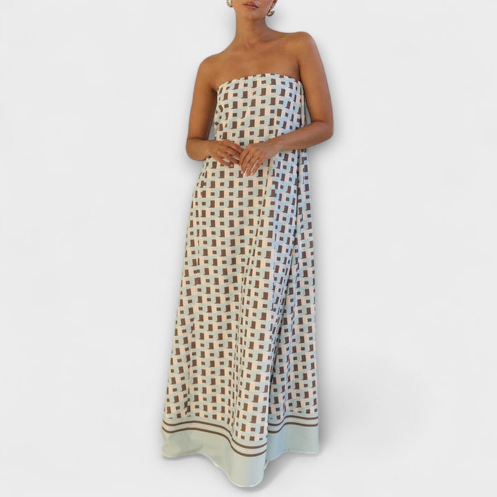 Hnědá - Unikátní geometrické maxi šaty s odhalenými rameny