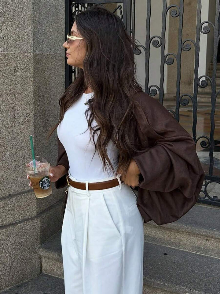 Dámská volná vintage bunda – klasický límec, dlouhý rukáv, podzimní styl