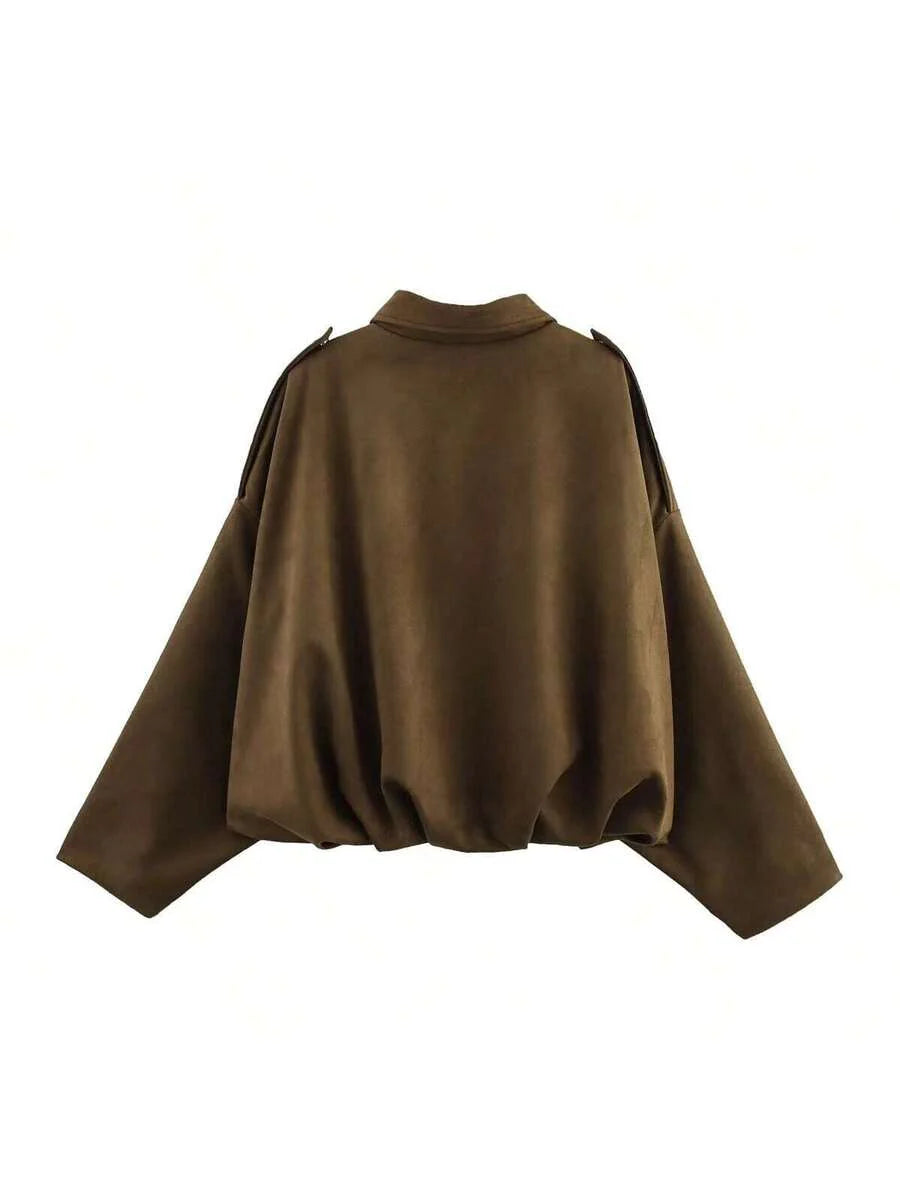 Dámská volná vintage bunda – klasický límec, dlouhý rukáv, podzimní styl