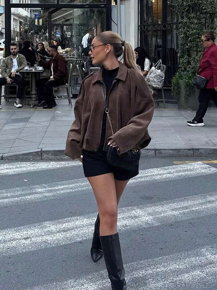 Dámská volná vintage bunda – klasický límec, dlouhý rukáv, podzimní styl