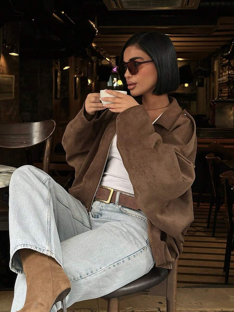 Dámská volná vintage bunda – klasický límec, dlouhý rukáv, podzimní styl