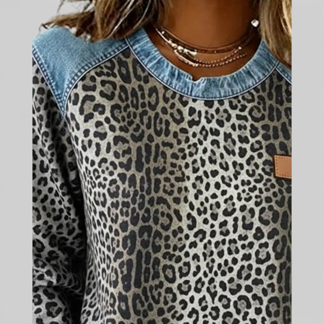 Žofie - Pohodlná Mikina s Výrazným Potiskem a Denimovým Patchworkem