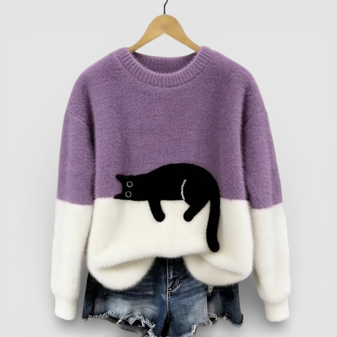 Anežka - Pohodlný Ležérní Svetr s Hravým Kočičím Motivem