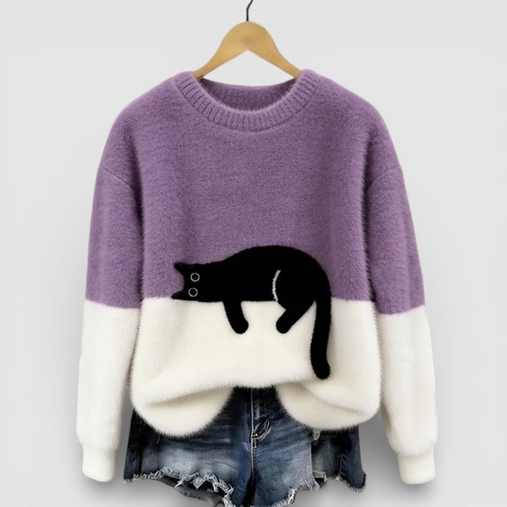Anežka - Pohodlný Ležérní Svetr s Hravým Kočičím Motivem