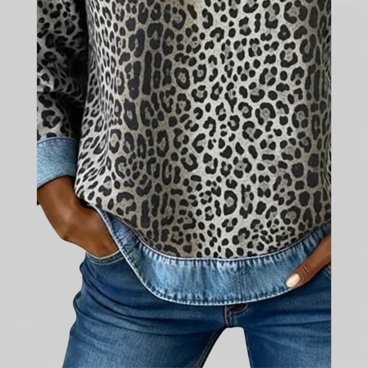 Žofie - Pohodlná Mikina s Výrazným Potiskem a Denimovým Patchworkem