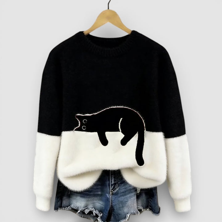 Anežka - Pohodlný Ležérní Svetr s Hravým Kočičím Motivem