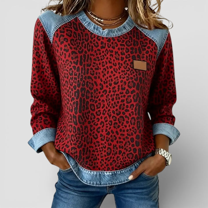 Žofie - Pohodlná Mikina s Výrazným Potiskem a Denimovým Patchworkem