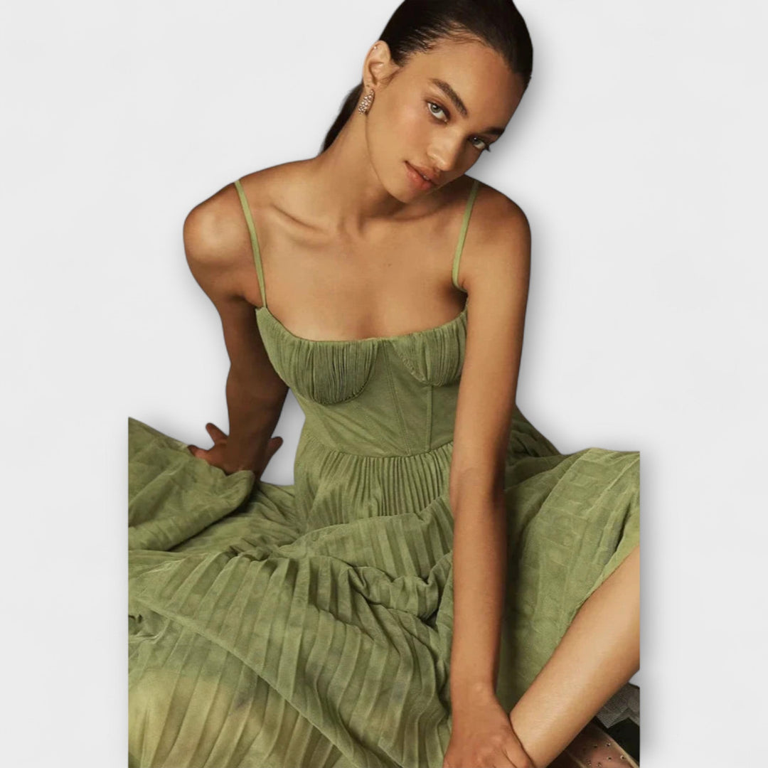 Marilyn - Midi Tylová Skládaná Sukně Šaty s Designem Bustier