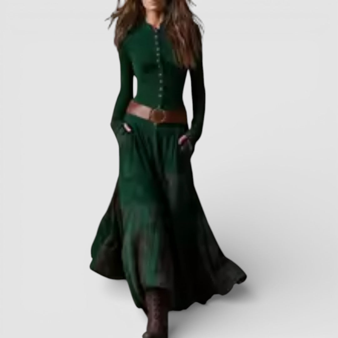 Adéla - Elegantní maxi šaty z broušené kůže s páskem pro nadčasový styl a pohodlí