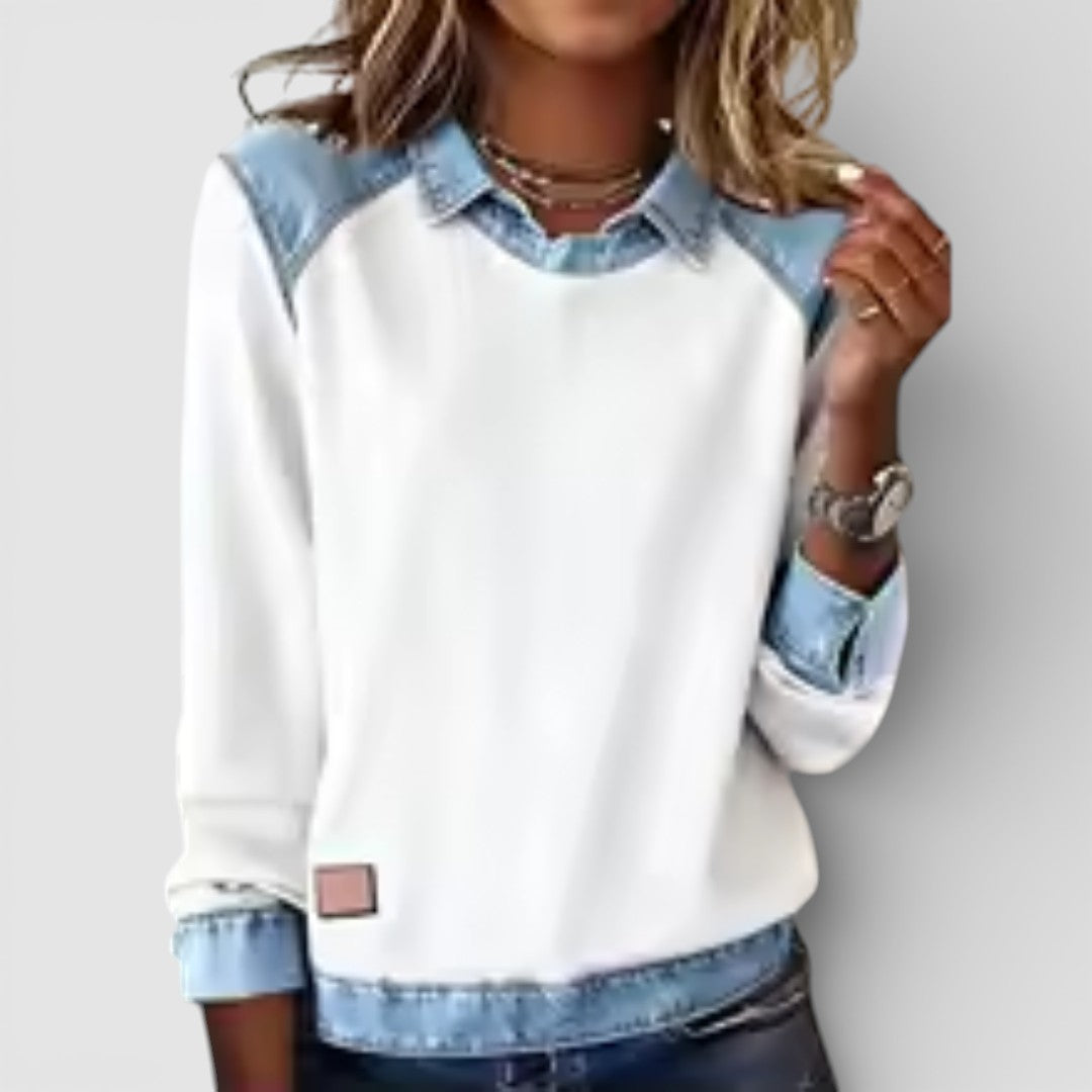 Žofie - Pohodlná Mikina s Výrazným Potiskem a Denimovým Patchworkem