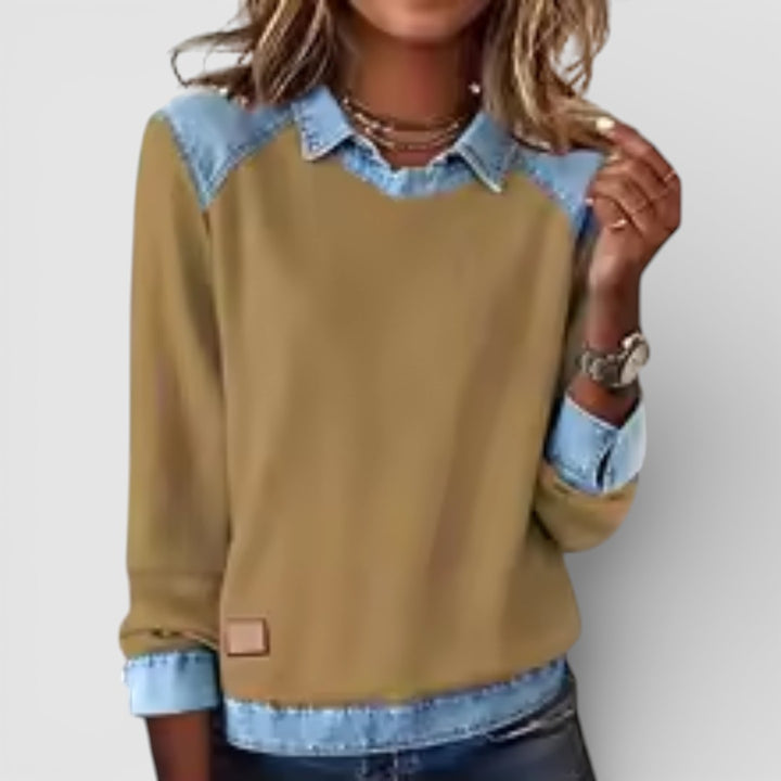 Žofie - Pohodlná Mikina s Výrazným Potiskem a Denimovým Patchworkem