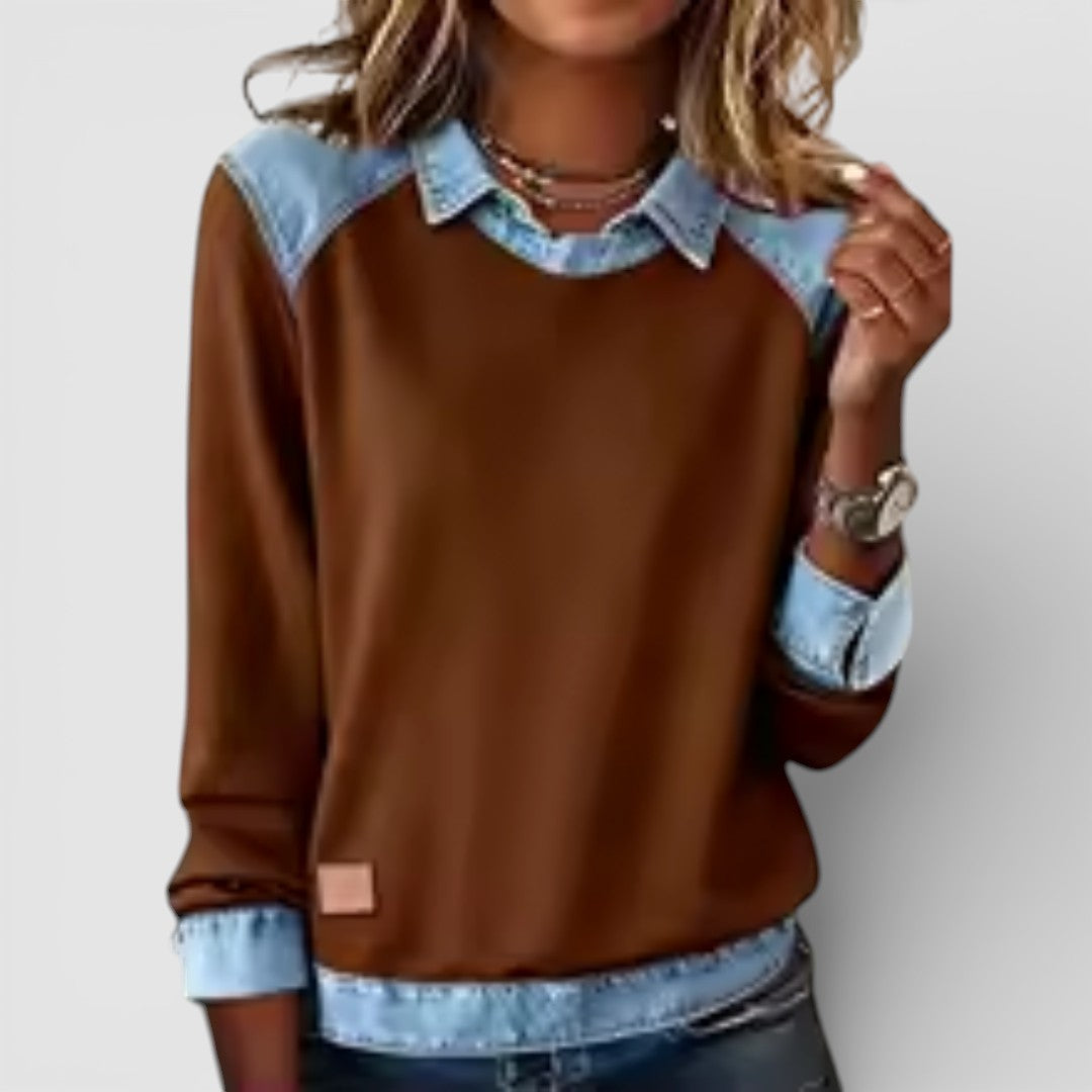 Žofie - Pohodlná Mikina s Výrazným Potiskem a Denimovým Patchworkem