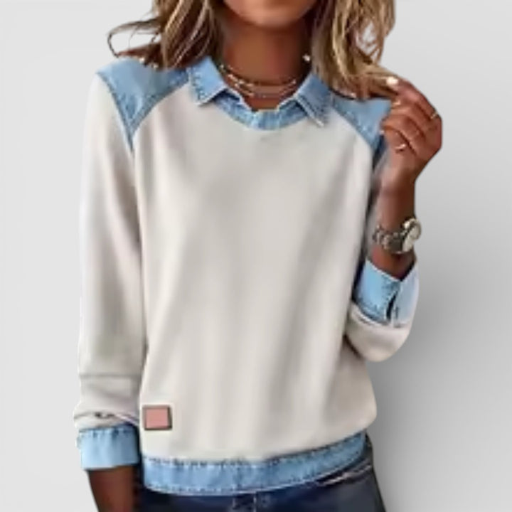 Žofie - Pohodlná Mikina s Výrazným Potiskem a Denimovým Patchworkem