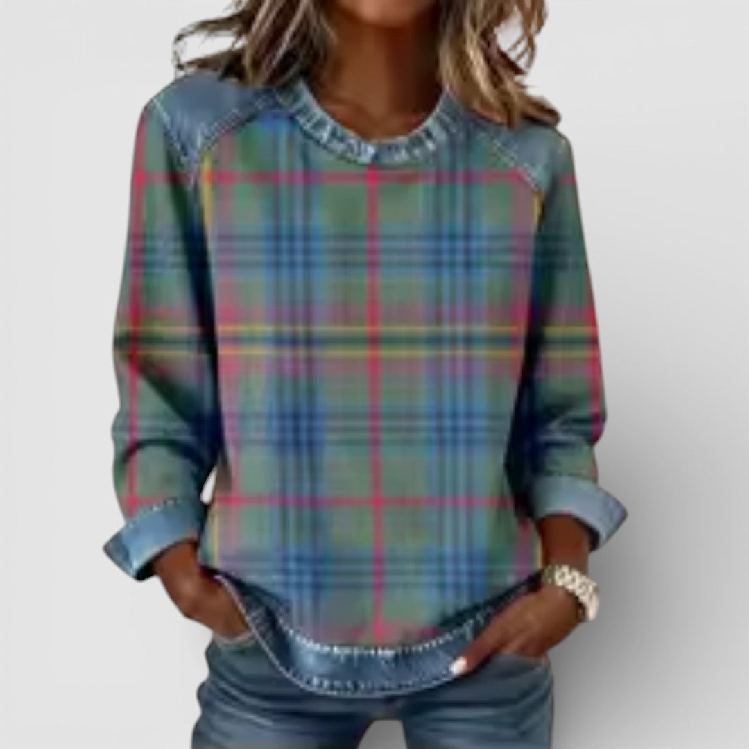 Žofie - Pohodlná Mikina s Výrazným Potiskem a Denimovým Patchworkem