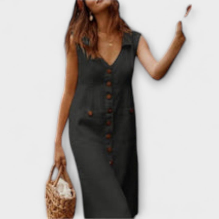 Nora – A-Linie Šaty z Bavlny a Lnu s Výstřihem do V