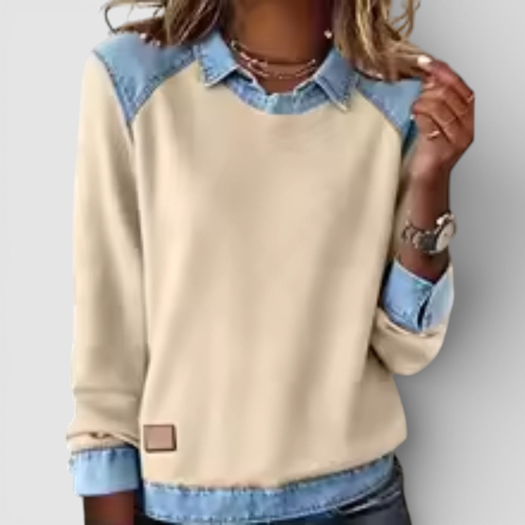 Žofie - Pohodlná Mikina s Výrazným Potiskem a Denimovým Patchworkem