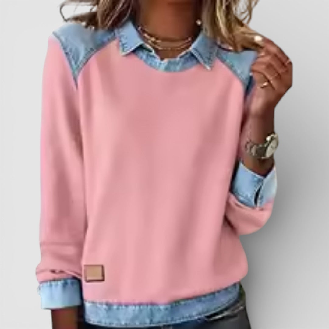 Žofie - Pohodlná Mikina s Výrazným Potiskem a Denimovým Patchworkem