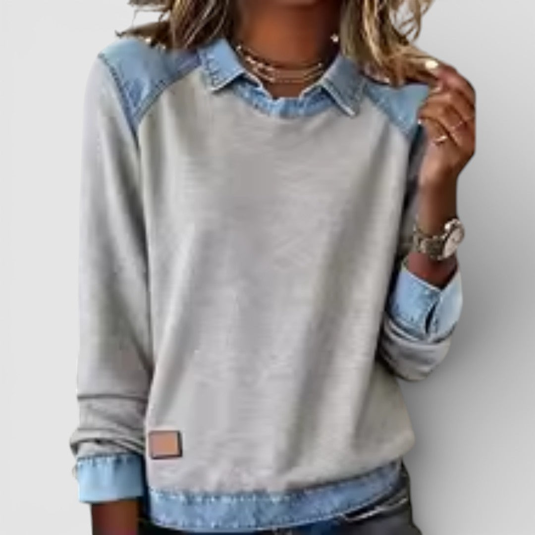 Žofie - Pohodlná Mikina s Výrazným Potiskem a Denimovým Patchworkem