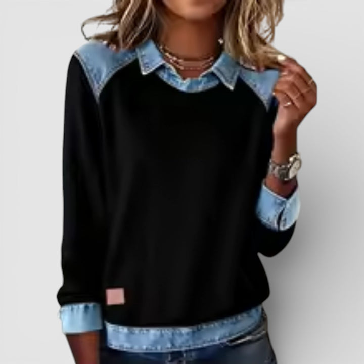 Žofie - Pohodlná Mikina s Výrazným Potiskem a Denimovým Patchworkem