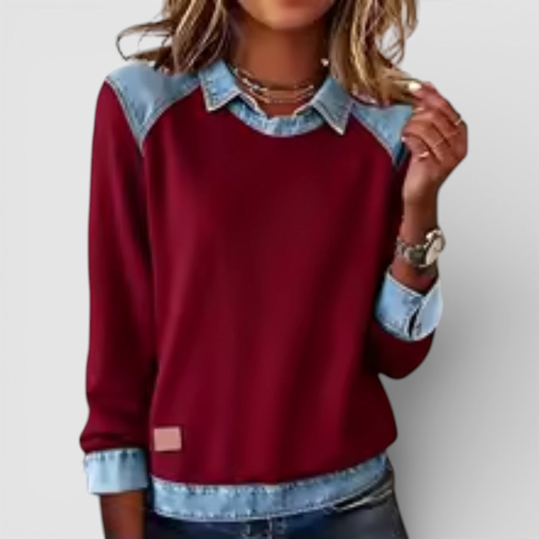 Žofie - Pohodlná Mikina s Výrazným Potiskem a Denimovým Patchworkem