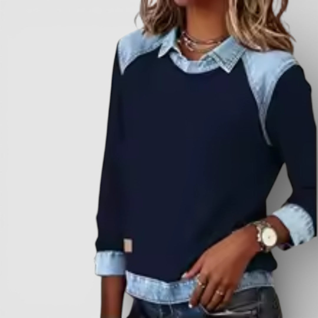 Žofie - Pohodlná Mikina s Výrazným Potiskem a Denimovým Patchworkem