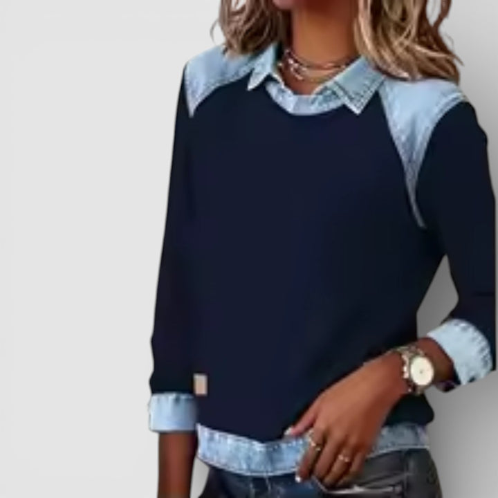 Žofie - Pohodlná Mikina s Výrazným Potiskem a Denimovým Patchworkem