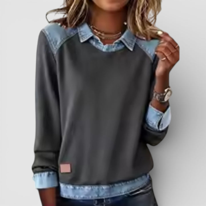 Žofie - Pohodlná Mikina s Výrazným Potiskem a Denimovým Patchworkem