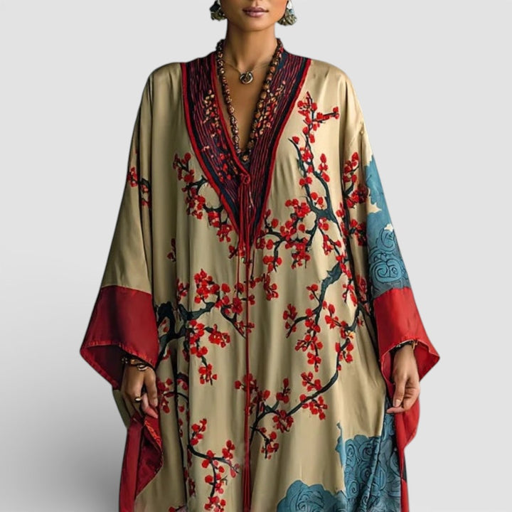 Ludmila - Elegantní Japonské Maxi Šaty s Květinovým Potiskem a Volnými Netopýřími Rukávy