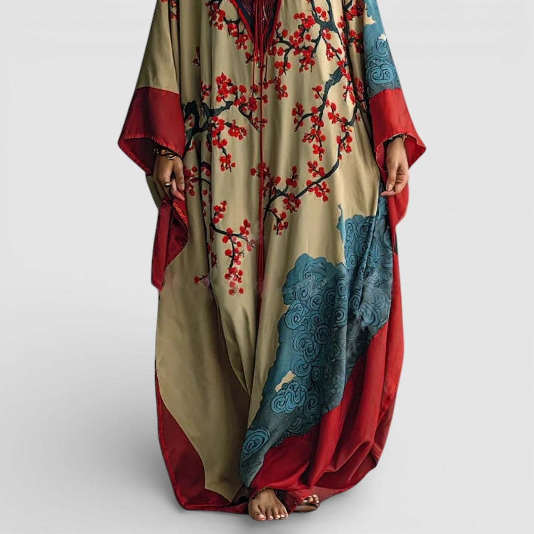 Ludmila - Elegantní Japonské Maxi Šaty s Květinovým Potiskem a Volnými Netopýřími Rukávy