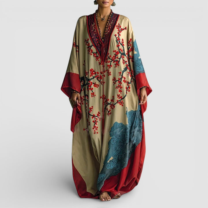 Ludmila - Elegantní Japonské Maxi Šaty s Květinovým Potiskem a Volnými Netopýřími Rukávy