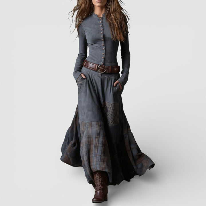 Adéla - Elegantní maxi šaty z broušené kůže s páskem pro nadčasový styl a pohodlí