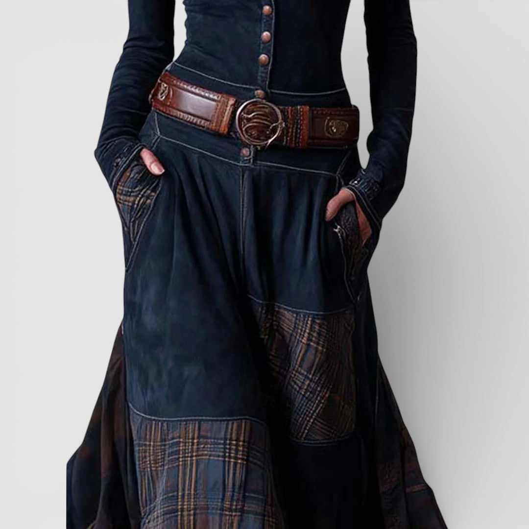 Adéla - Elegantní maxi šaty z broušené kůže s páskem pro nadčasový styl a pohodlí