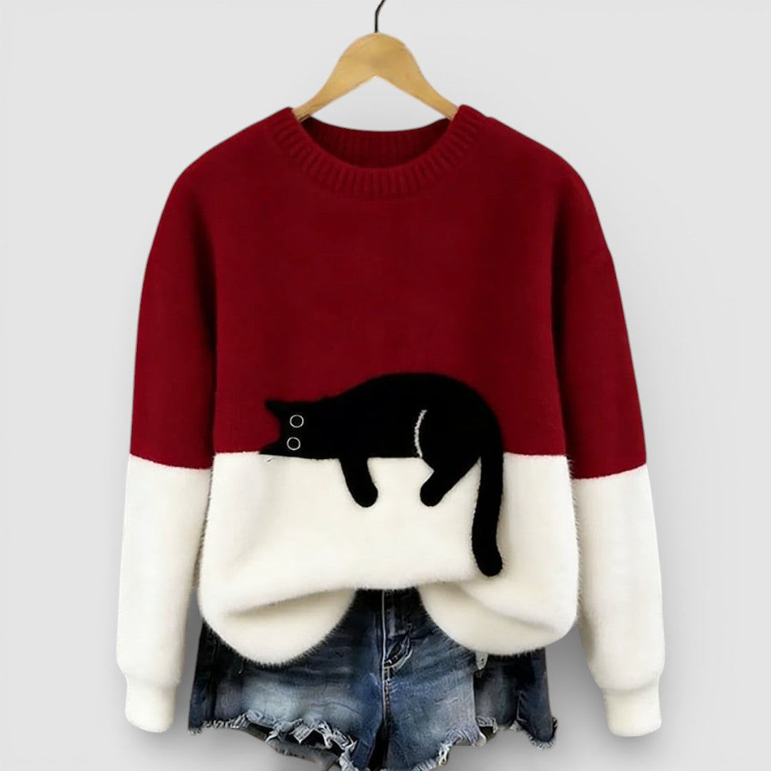 Anežka - Pohodlný Ležérní Svetr s Hravým Kočičím Motivem