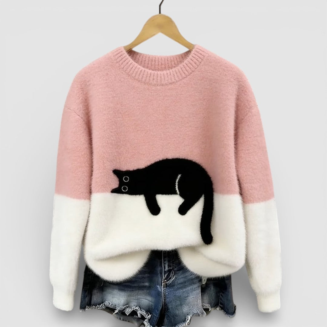 Anežka - Pohodlný Ležérní Svetr s Hravým Kočičím Motivem