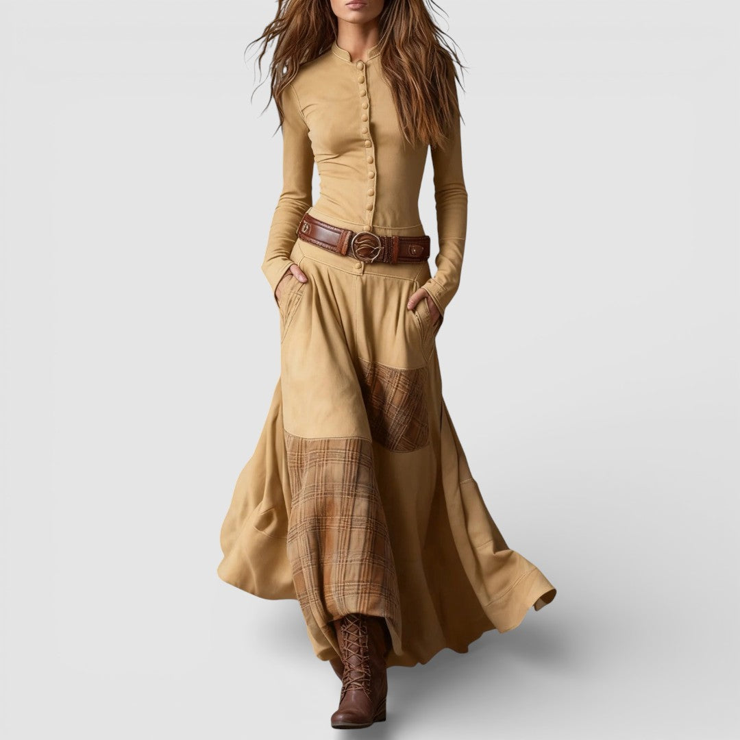 Adéla - Elegantní maxi šaty z broušené kůže s páskem pro nadčasový styl a pohodlí