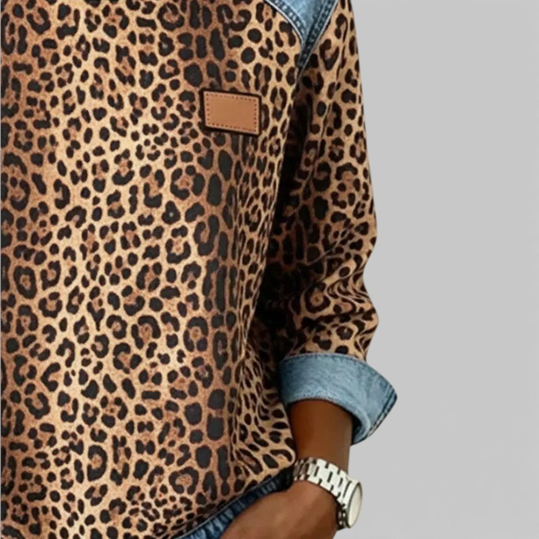 Žofie - Pohodlná Mikina s Výrazným Potiskem a Denimovým Patchworkem